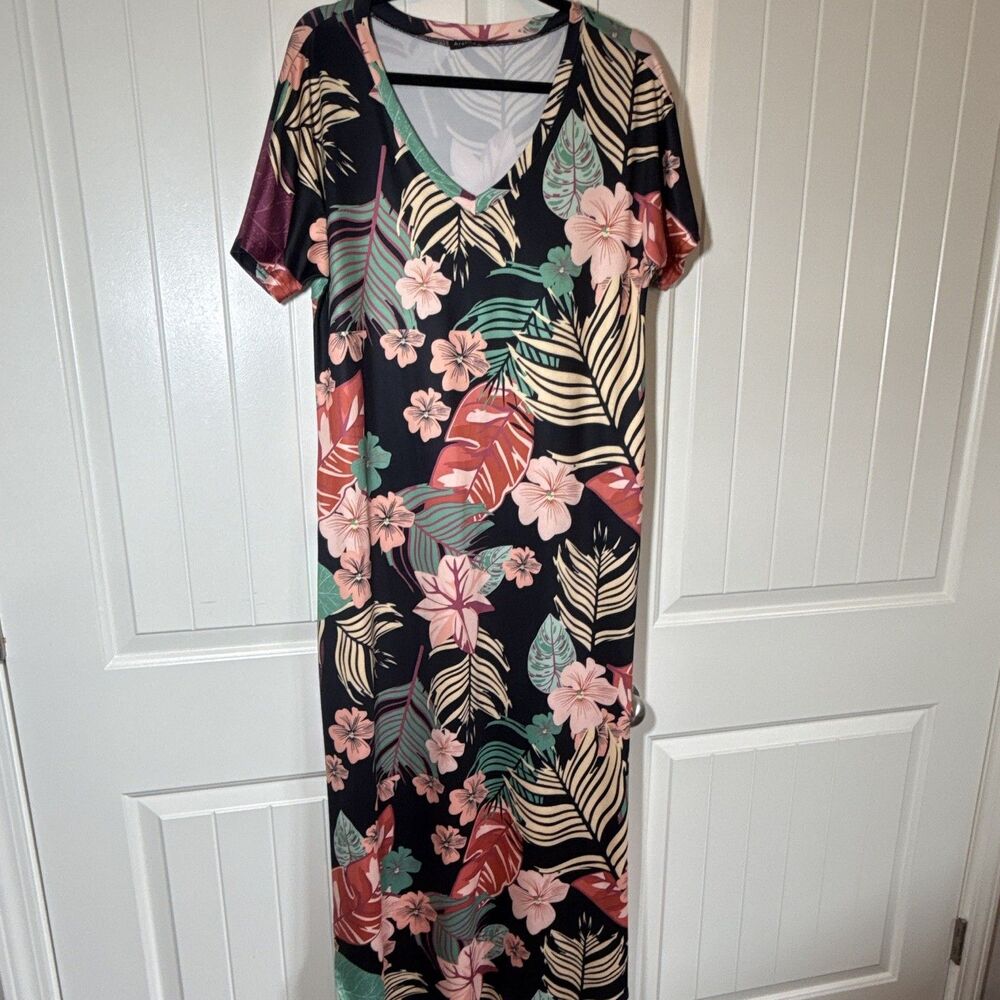 Arolina Women's XL Black Tropical Floral V-Neck Short Sleeve Maxi Dress